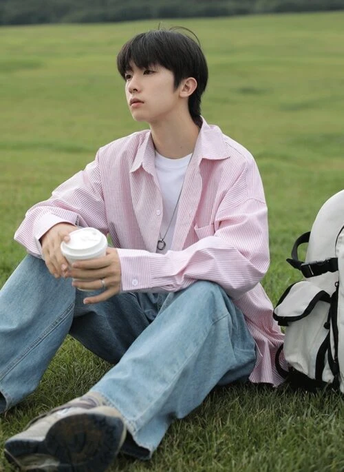 Pink And White Stripes Oversized Shirt | Soobin – TXT