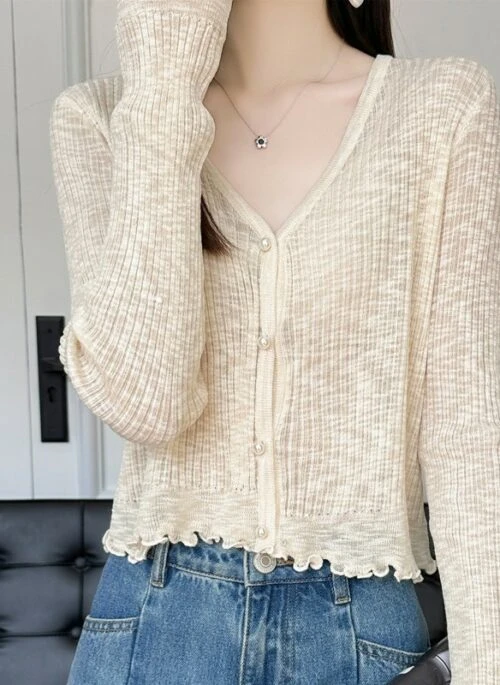 Beige Knit Lettuce Hem Cardigan | Shuhua – (G)I-DLE