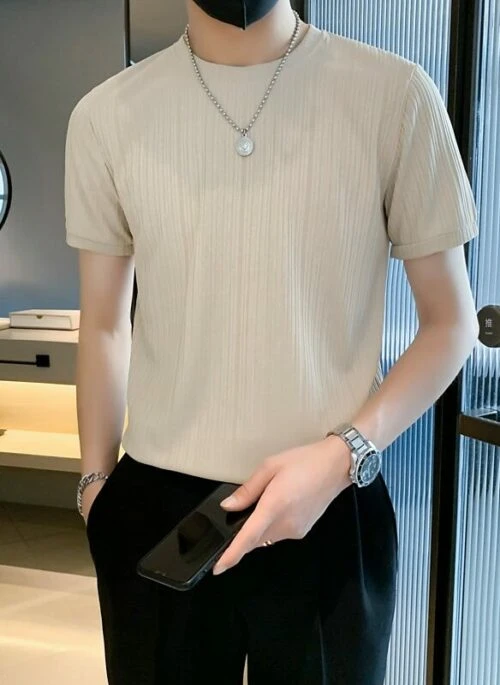 Beige Ribbed Casual T-Shirt | Han – Stray Kids