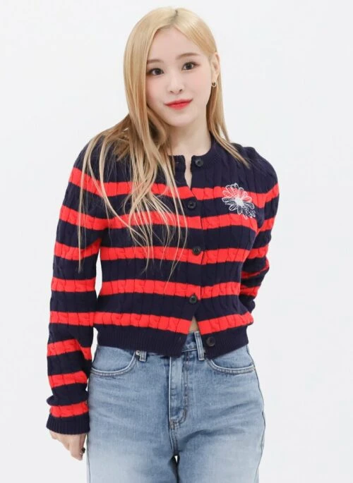 Red Flower Embroidered Striped Cardigan | Gahyeon – Dreamcatcher