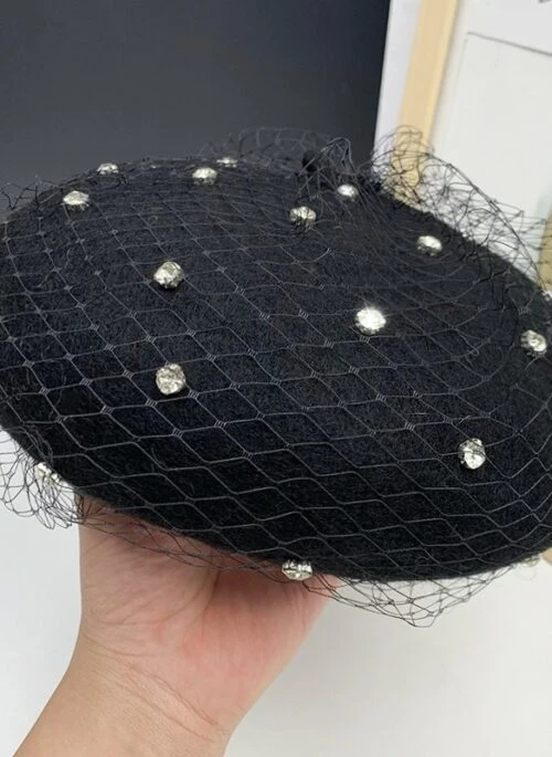 Black Rhinestone Net Beret Hat | Ruka – BabyMonster