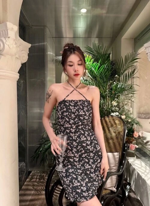 Black Tie Strap Floral Dress | Ahyeon – BabyMonster