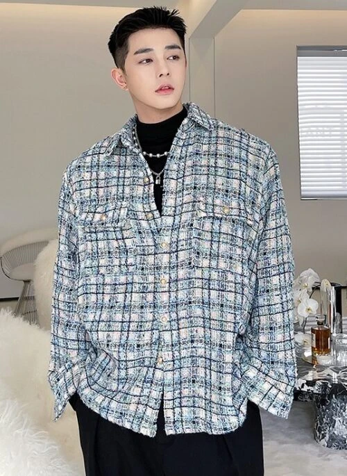 Blue Plaid Tweed Woolen Shirt | Jisung – Stray Kids