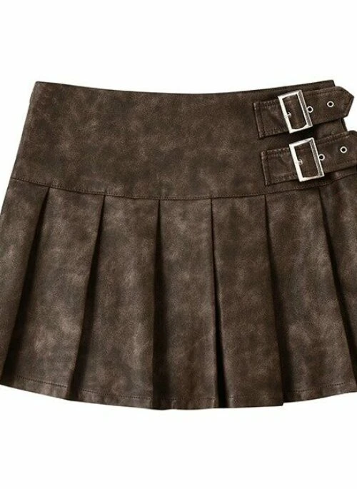 Brown Pleated Leather Mini Skirt | Tzuyu – Twice