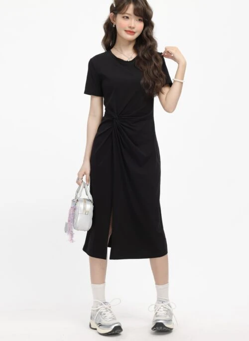 Black Chic Slim Fit Knotted Split Dress