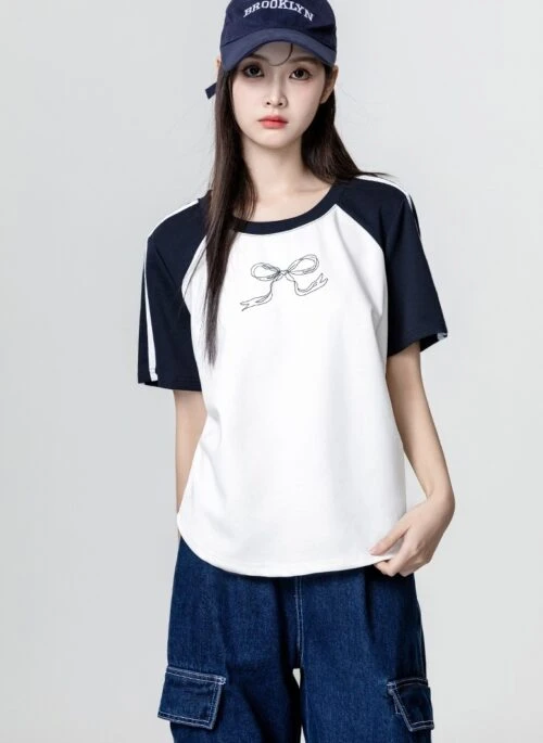 White Block Bow Print Short Sleeve T-Shirt