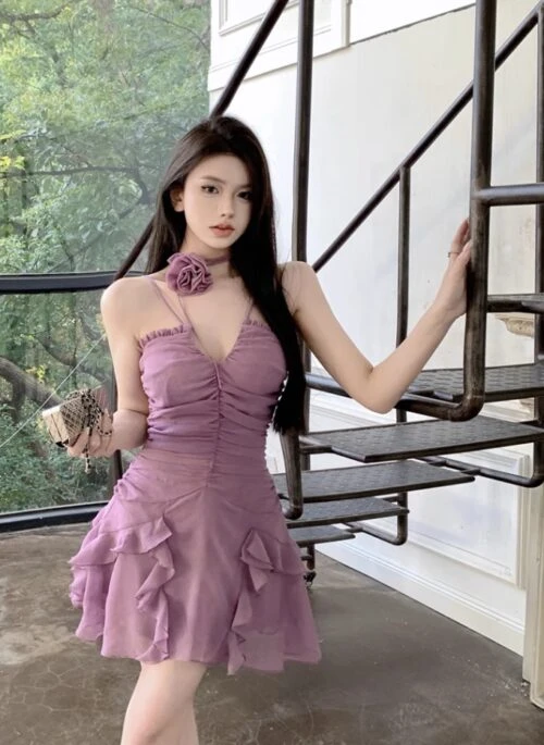 Lilac Halter Flower Ruffles Dress | Handong – Dreamcatcher