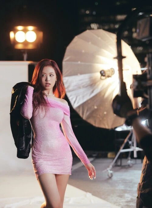 Pink Tie-Dye Crystal Off-Shoulder Dress | Ahyeon – BabyMonster