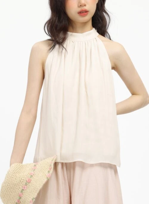 Beige Sleeveless Halterneck Blouse