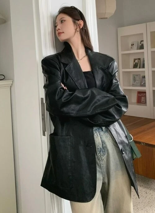 Black Faux Leather Suit Blazer Jacket | Baek Seok Ryu – Love Next Door