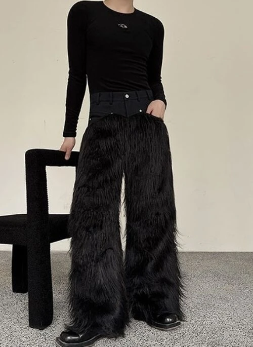 Black Furry Casual Pants | Kazuha – Le Sserafim