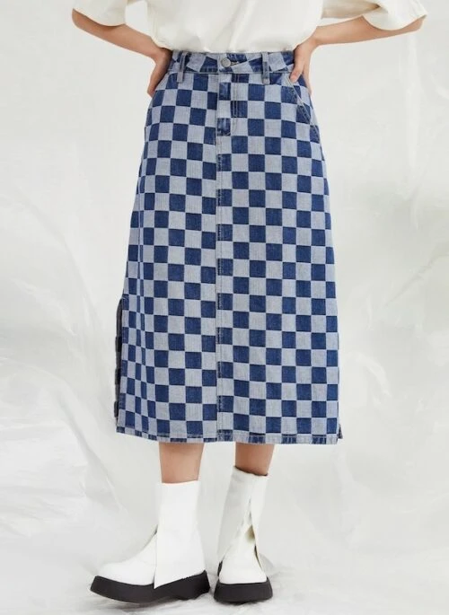 Blue Checkered Denim Midi Skirt | Hinata – XG