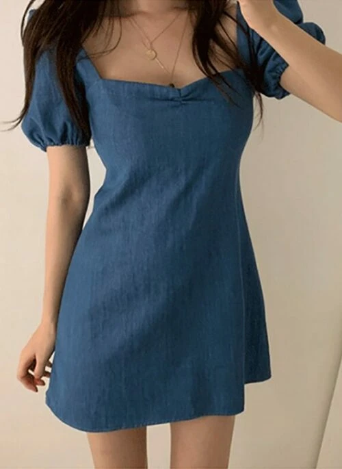 Blue Denim Style Puff Sleeves Dress | Jihyo – TWICE