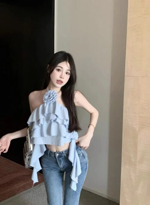 Blue Flower Ruffles Halter Top | Chaeyoung – Twice