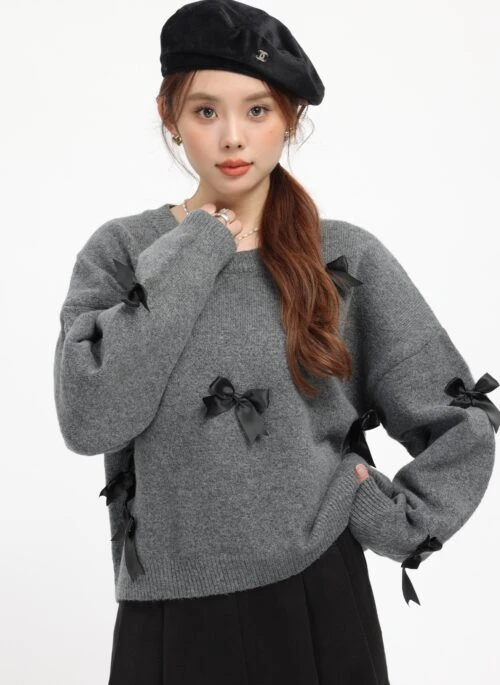 Gray Cozy Bow Knot Sweater Gray Knit