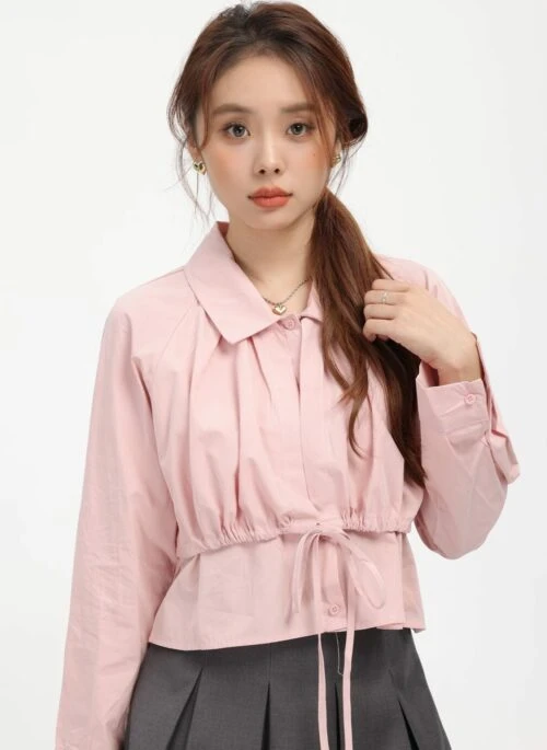 Pink Collared Button Shirt With Drawstring Waist