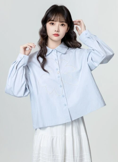 Blue Embroidered Collared Long Sleeve Shirt