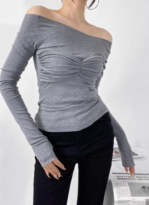 Grey Ruched Bust Off-Shoulder Top | Lisa – BlackPink