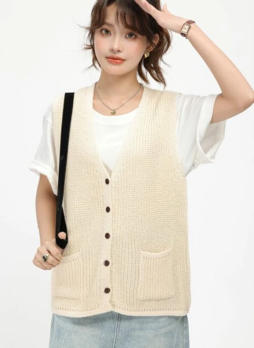 Beige Knitted Lazy Style Vest