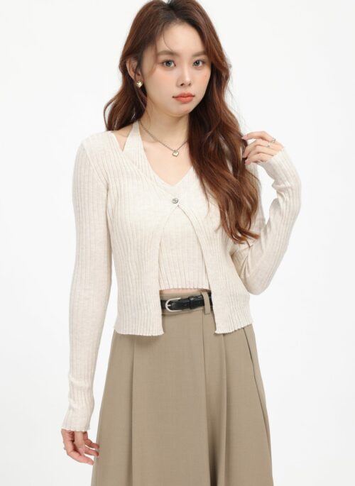 Beige French Style Fake Two-Piece Knit Sweater