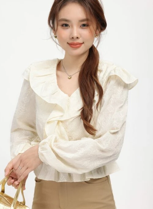 Apricot Shirt With Ruffled Collar and Waist