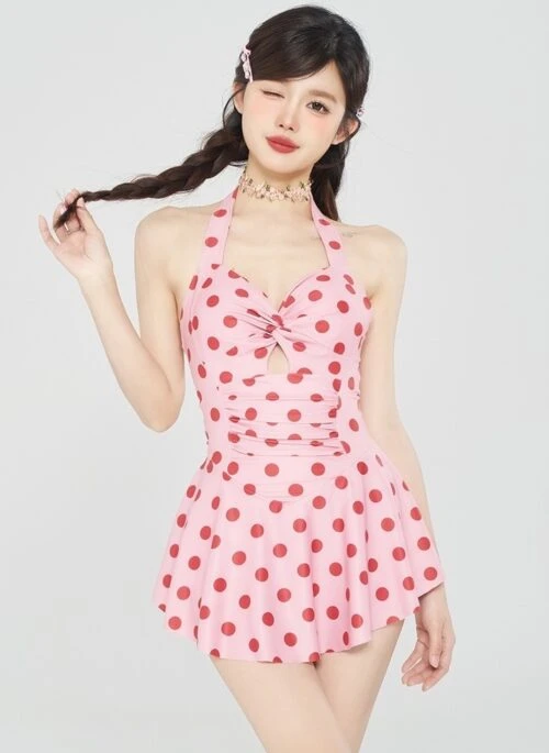 Pink Polka Dot One-Piece Swim Dress | Somi