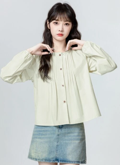 Green French Style Loose Pleated Long Sleeve Shirt