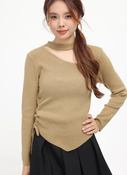 Brown Irregular Neck Cut-Out Knit Sweater