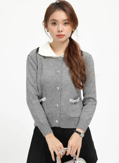 Grey Vintage Knit Cardigan With Doll Collar