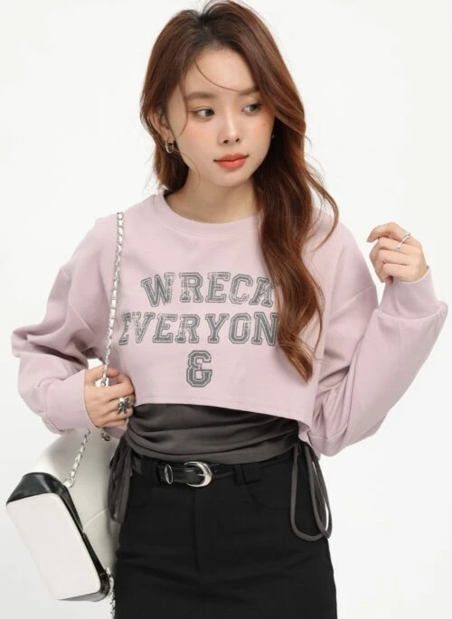 Pink Printed Cropped Sweater With Inner Vest