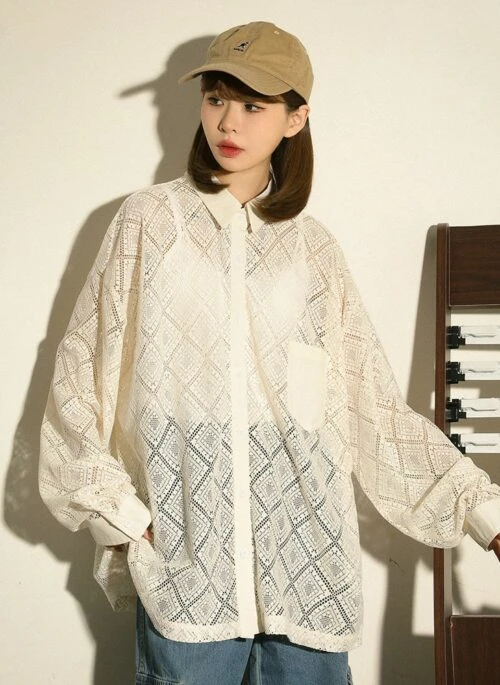 Beige Classic Pattern Sheer Shirt | Hyungwon - MONSTA X