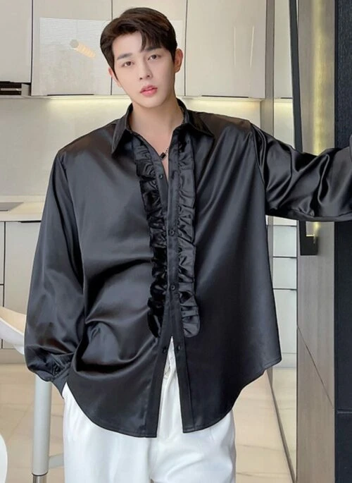 Black Glossy Ruffles Shirt | Sanha – Astro