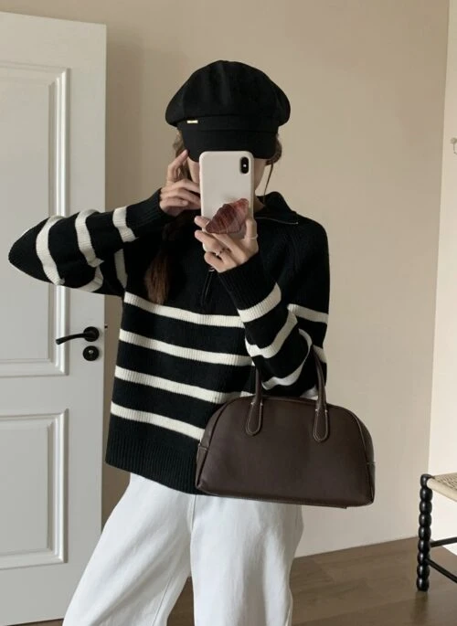 Black Striped Half-Zip Sweater | Chung Ha