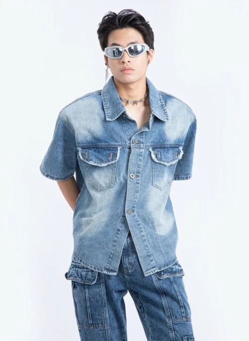 Blue Worn-Out Pockets Denim Shirt | Jisung – Stray Kids