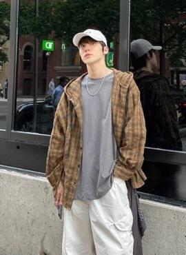 Brown Plaid Hooded Shirt | Yunho – ATEEZ