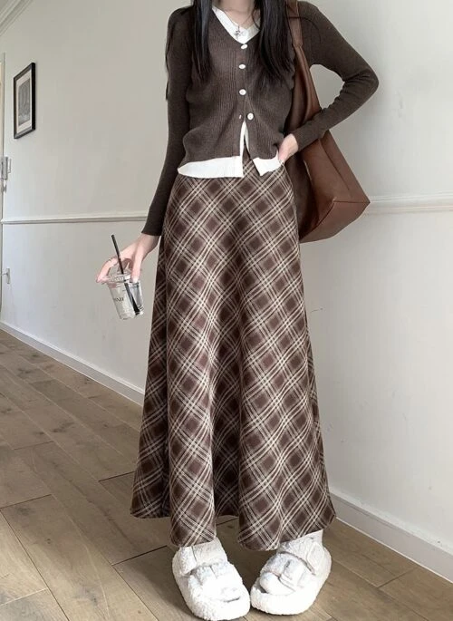 Brown Plaid Maxi Skirt | Wonyoung - IVE