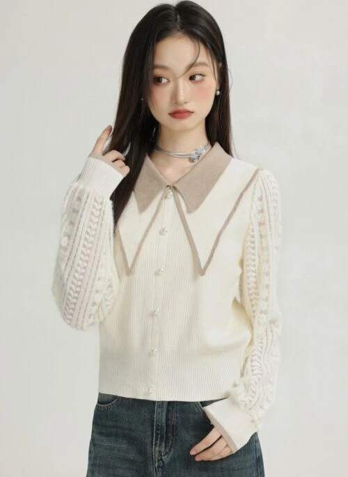 Beige Doll Collar Knit Sweater