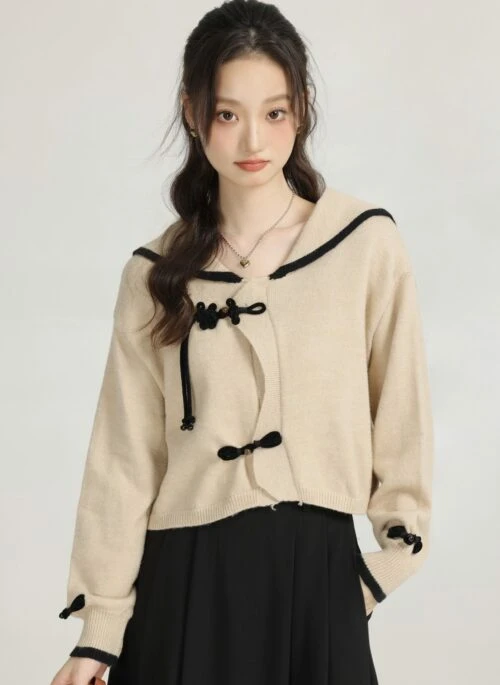 Beige Navy Collar Knitted Sweater With Sided Bows