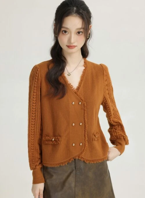 Orange Knitted Sweater With Lace Stitching