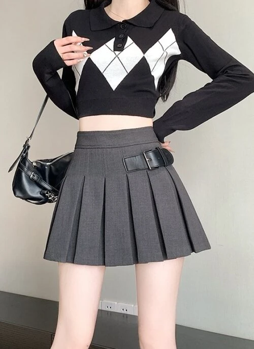 Grey Buckled Pleats School Girl Skirt | Jihyo – Twice