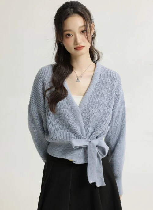 Blue Irregular Cross Strap Knit Cardigan