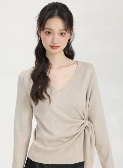 Beige Irregular Cross V-Neck Sweater