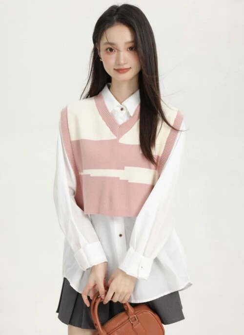 Pink Layered V-Neck Sweater Vest