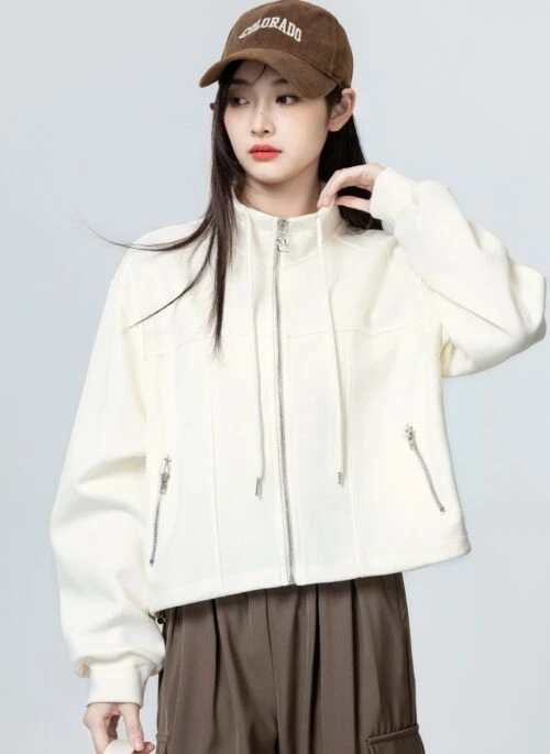 Oversized Drawstring Hoodie With Stand Collar