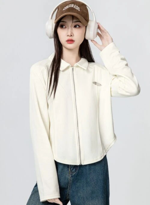 Apricot Polo Collar Zipper Shirt Top