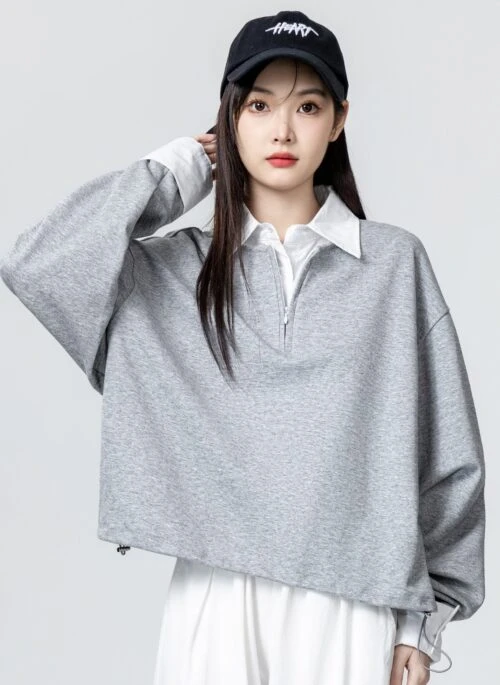 Gray Fake Two-Piece Polo Collar Sweatshirt