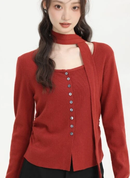 Red Knit Sweater With Buttons