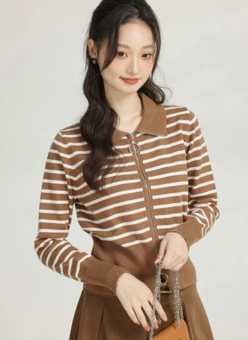 Khaki Striped Knit Short Cardigan With Double Head Zipper