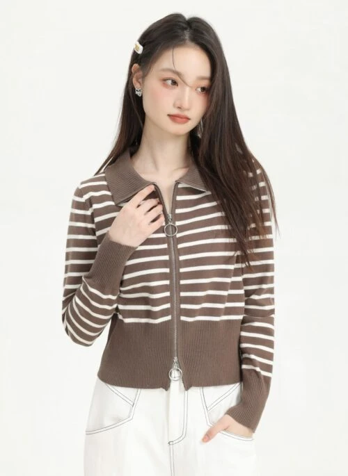 Brown Striped Knit Short Cardigan With Double Head Zipper