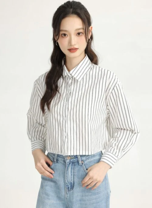 White Vertical Striped Collared Long Sleeve Shirt